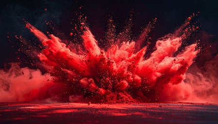 A dynamic explosion of vibrant red powder and dust scatters against a dark background.の素材