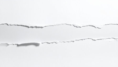 A horizontal rip in white paper creates a rough-edged gap against a clean white background.の素材