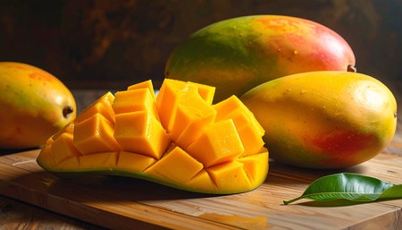 Tropical mangoes, one with cubed flesh, are arranged on a wooden board with a green leaf.の素材
