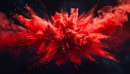 A dynamic explosion of vibrant red powder and smoke bursts outwards against a dark background.の素材