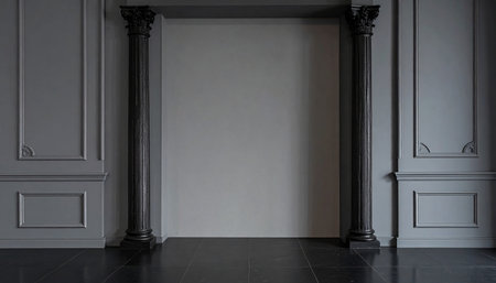 Two dark Corinthian columns frame a gray wall with decorative paneling and a tiled floor.の素材