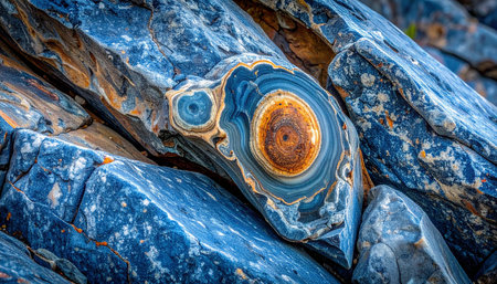 Unique banded rock with concentric circles of blue, orange, and white, nestled within a cluster of stones.の素材
