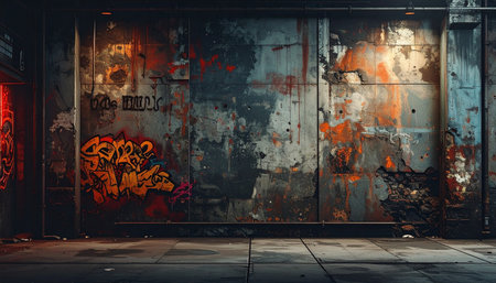 An urban alleyway features a textured concrete wall with orange graffiti and a weathered appearance.の素材