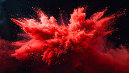 A dynamic explosion of vibrant red powder and particles scatters outwards against a dark background.の素材