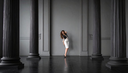 A woman in a white dress and black top poses between black columns in a gray interior with a reflective floor.の素材