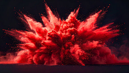 A vivid red powder cloud explodes with smoke and particles against a dark ground. Clear details and vibrant colors en...の素材