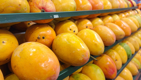 Rows of ripe yellow and orange mangoes are neatly arranged on shelves at a market, showcasing a plentiful harvest.の素材