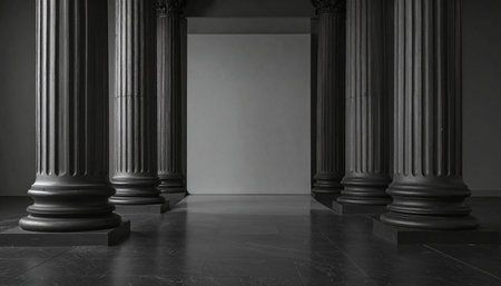 A row of dark Corinthian columns in a classical interior leading to a blank grey wall backdrop.の素材