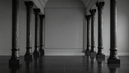 A row of black Corinthian columns frames a blank square canvas in an elegant interior with a marble floor.の素材