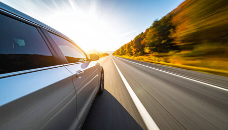 A silver car drives on a highway lined with colorful autumn trees under a bright sun.の素材