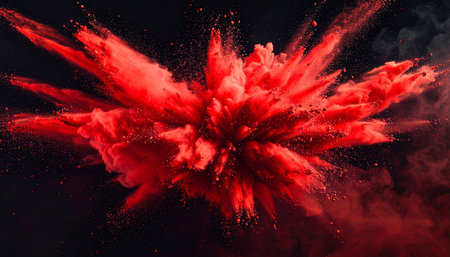 A vivid red powder cloud explodes with fine particles and dark smoke against a dark, abstract background.の素材
