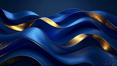 Abstract deep blue wavy fabric with golden ribbon and scattered glitter particles.の素材