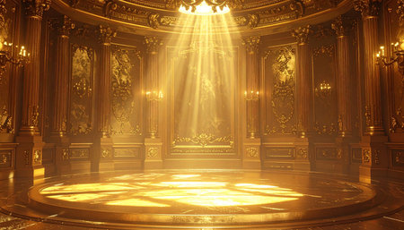 A circular golden room with ornate architectural details is lit by a central spotlight and wall sconces.の素材