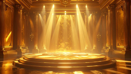 A circular golden stage in a luxurious hall with dramatic spotlights shining down and ornate pillars.の素材