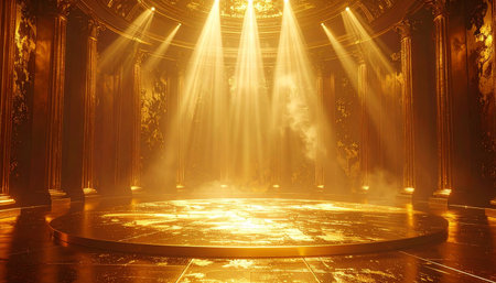 A circular golden stage with dramatic light rays piercing through the smoky atmosphere, framed by ornate pillars.の素材