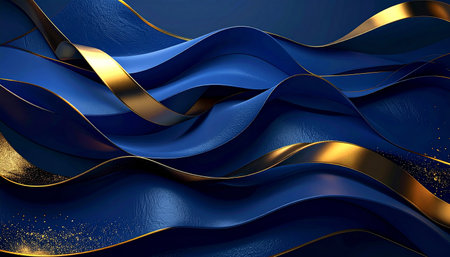 Dynamic blue waves intertwined with gleaming gold ribbons and scattered glitter create a luxurious abstract backdrop.の素材