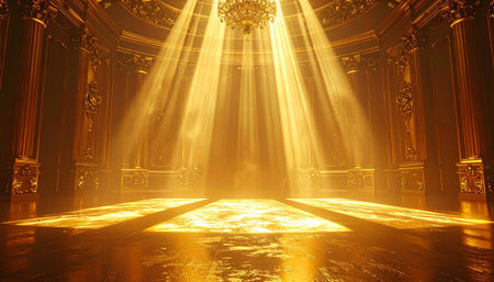 A grand golden hall with a chandelier and sunbeams streaming down onto the floor. Clear details and vibrant colors en...の素材