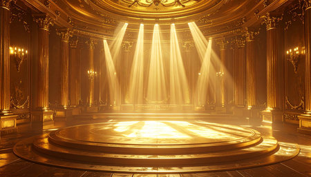 A circular golden stage sits in a grand golden auditorium with multiple dramatic spotlight beams from above.の素材