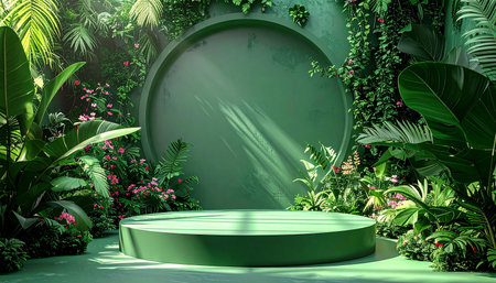 A green circular podium is enveloped by abundant tropical plants and pink flowers, illuminated by sunlight.の素材