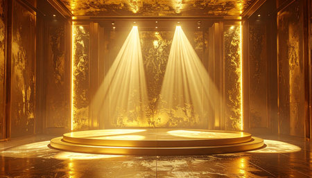 A circular golden stage is illuminated by two spotlight beams against textured golden walls in a grand interior.の素材