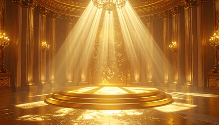 A majestic golden room with a grand chandelier casting spotlight rays onto a luxurious stage.の素材