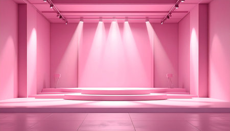 A minimalist pink stage with a tiered platform and two chairs, illuminated by overhead spotlights casting light beams.の素材