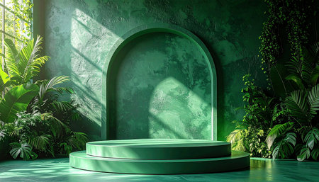 A green podium sits before an arched alcove surrounded by lush tropical plants and dappled sunlight.の素材