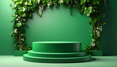 A multi-level green podium is positioned beneath an arch of green foliage and small white flowers.の素材