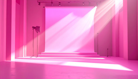 A pink studio features a backdrop and lighting equipment casting dramatic light beams.の素材