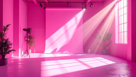 A pink studio with a seamless backdrop, studio lighting, and plants illuminated by light beams.の素材