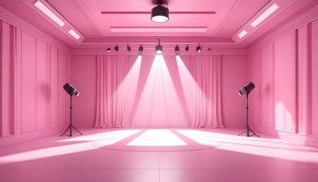 A pink studio with stage lighting, draped curtains, and spotlights on tripods, ready for a performance.の素材