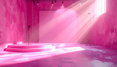 An empty pink studio stage with a vintage microphone and dramatic spotlight beams casting shadows.の素材