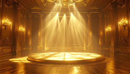 An ornate golden stage bathed in spotlight beams, surrounded by classical columns in a luxurious hall.の素材