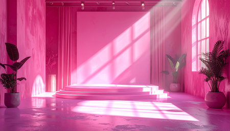A pink studio with plants, an arched window, and sunbeams illuminating a raised platform.の素材