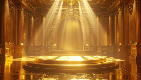 A grand golden hallway features an arched entrance and columns, with dramatic spotlights illuminating the space.の素材