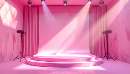Platform showing pink stage with circular platform and spotlights and cameras. High resolution image suitable for...の素材