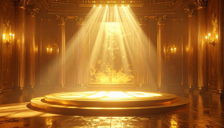 A circular golden stage is illuminated by dramatic spotlight beams in an ornate classical interior.の素材