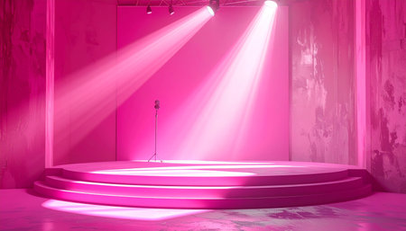 A circular pink stage with a vintage microphone stands under bright spotlight beams in an empty studio.の素材