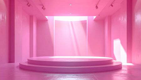 A pink circular stage with a tiered base is lit by soft overhead light beams. Clear details and vibrant colors enhanc...の素材