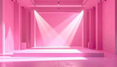 A pink stage with minimalist pillars and two bright spotlights illuminating the space.の素材