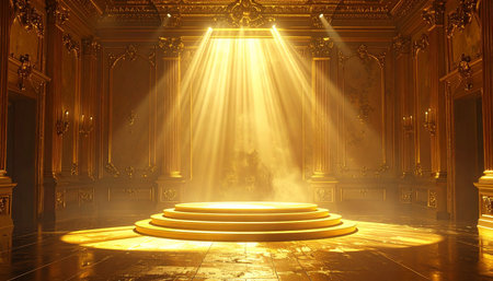 Ornate golden hall with a circular stage illuminated by dramatic light beams and atmospheric smoke.の素材