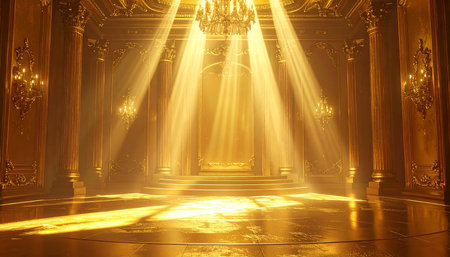 An empty opulent golden ballroom stage with dramatic sunbeams illuminating the floor and a chandelier.の素材