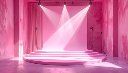 A pink studio stage with a tiered platform and curtains, illuminated by overhead spotlights creating light beams.の素材