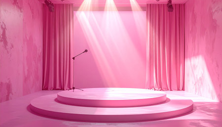 A pink stage with a microphone and draped curtains illuminated by spotlight beams in a studio.の素材