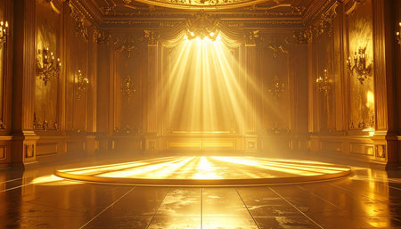 A grand golden ballroom with ornate details and dramatic sunbeams illuminating an empty circular stage.の素材