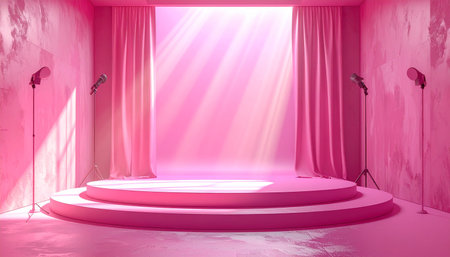 A pink stage with two tiers, framed by pink curtains and illuminated by spotlights.の素材