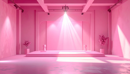 Pink studio stage with a spotlight, plants, and a raised platform for presentations.の素材