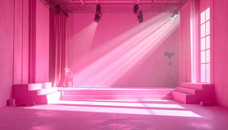 Stage showing pink stage with spotlight and curtains and plants and steps. High resolution image suitable for...の素材