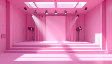 A pink studio with a tiered stage, curtains, and lighting equipment, illuminated by spotlights and a skylight.の素材