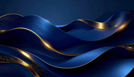 A wavy landscape of deep blue forms with golden ribbon accents and sparkling glitter creates a luxurious and elegant...の素材
